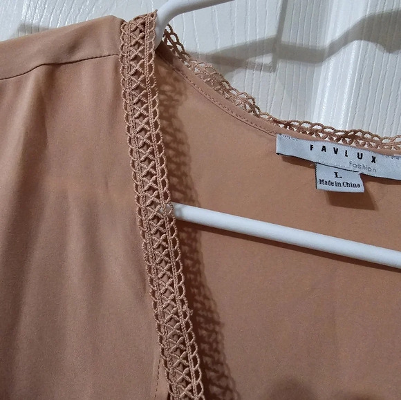 Favlux Blush Pink Flutter Sleeve Blouse, V-Neck, Crochet Trim, Pintuck Details. - Picture 7 of 12